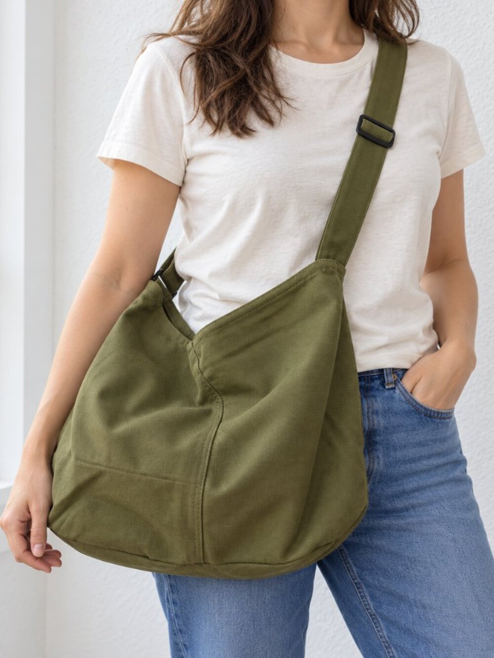 Olive Green Large Canvas Crossbody Hobo Newspaper Bag Adjustable Shoulder Tote
